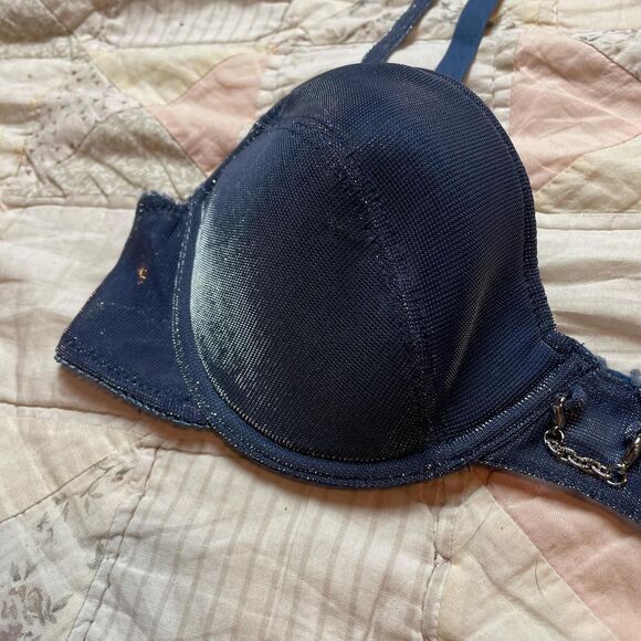 vintage y2k metallic navy blue silver color shift glitter bra chain charm 34c - Picture 2 of 8